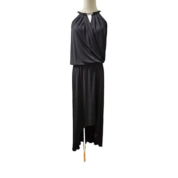 Michael Kors Sleeveless Halter Asymmetrical Hem Maxi Dress Black Wrap Front Med‎ - Picture 1 of 5